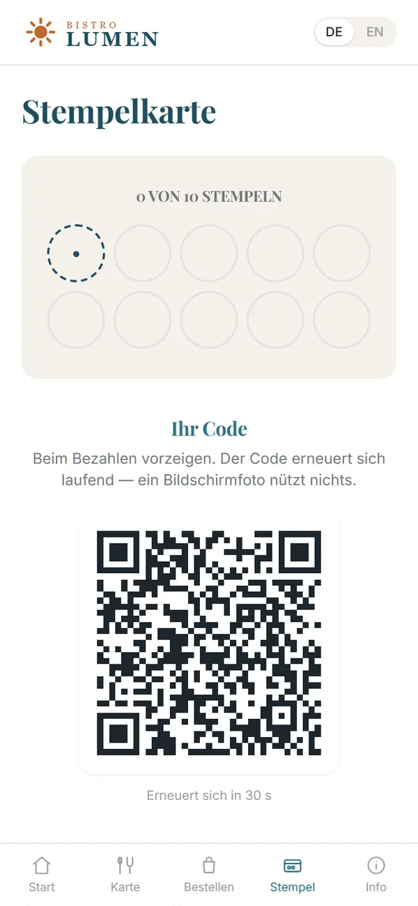 Digitale Stempelkarte mit persönlichem Code