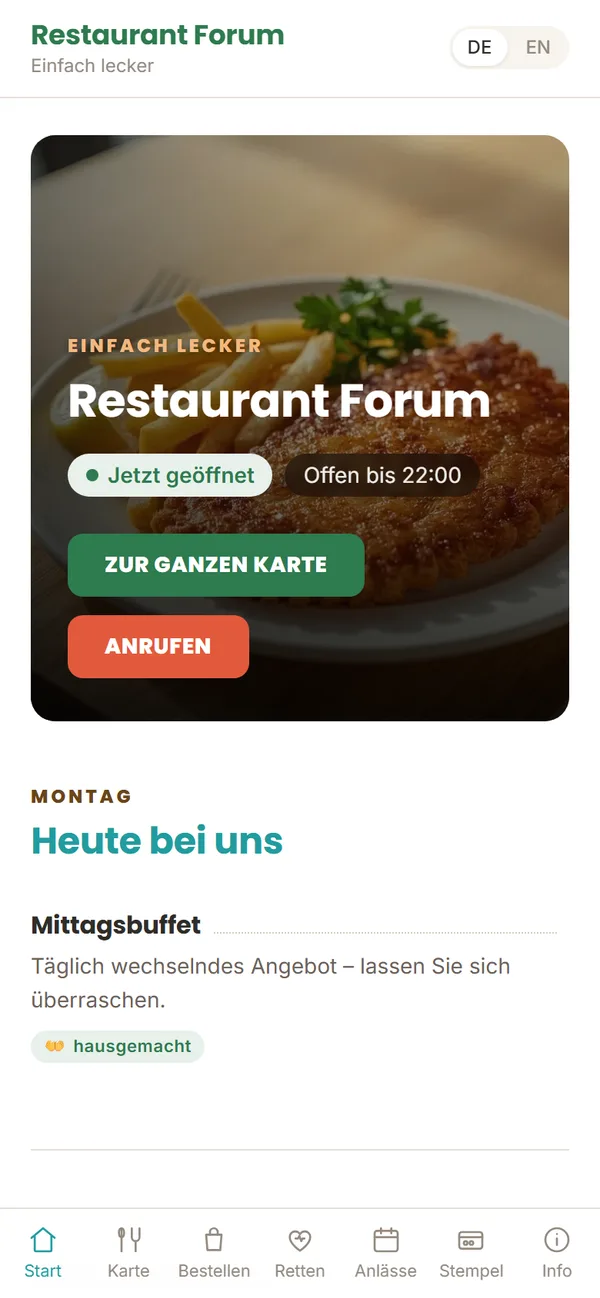 Startseite der App des Restaurant Forum, Landquart